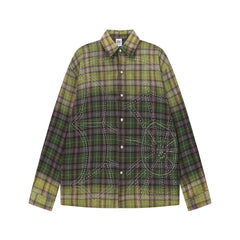 Gradient Green Plaid Rhinestone Butterfly Long Sleeve Shirt