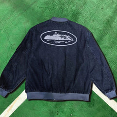 Corteiz Guerillaz Island Denim Bomber Jacket Washed Black