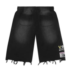 Vale Forever Distressed Frayed Hem Washed Black Graphic Sweat Shorts