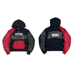 Mixed Emotion Black Red Color Block Zip Up Hoodie