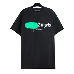 PALM ANGELS GREEN SPRAY DRIP MILANO LOGO T‑SHIRT BLACK