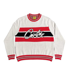 Corteiz Script Logo Striped White Knit Crewneck Sweater