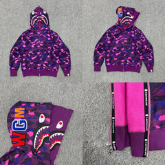 Bape Double Hood Shark Full Zip Hoodie Purple Camo