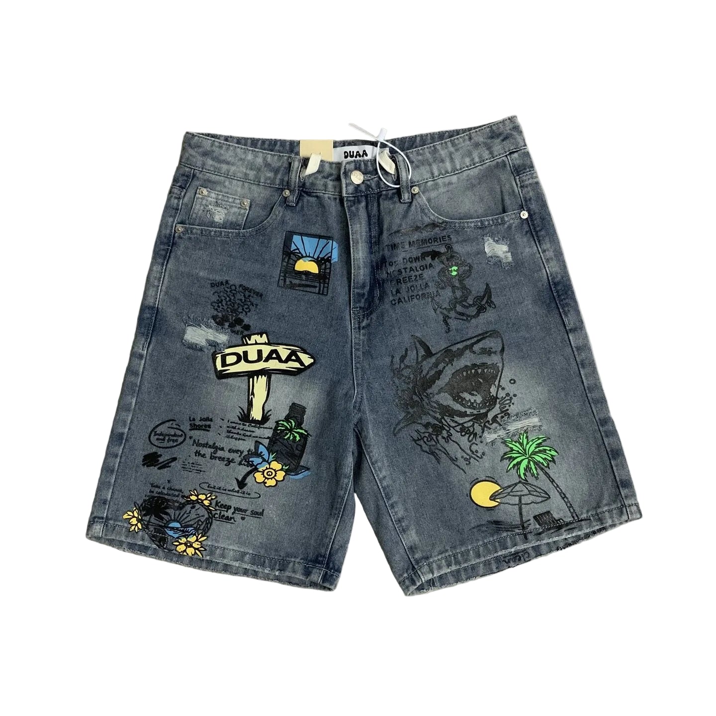 Duaa Vintage Graffiti Print Distressed Denim Jort Shorts