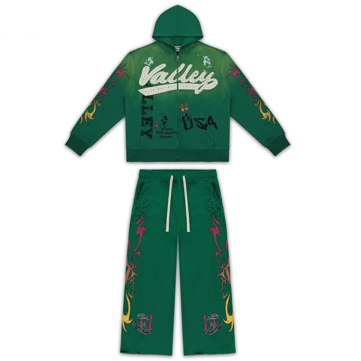 Vale Forever Green Tribal Graphic Zip Hoodie And Sweatpants Set