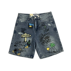 Duaa Vintage Graffiti Print Distressed Denim Jort Shorts