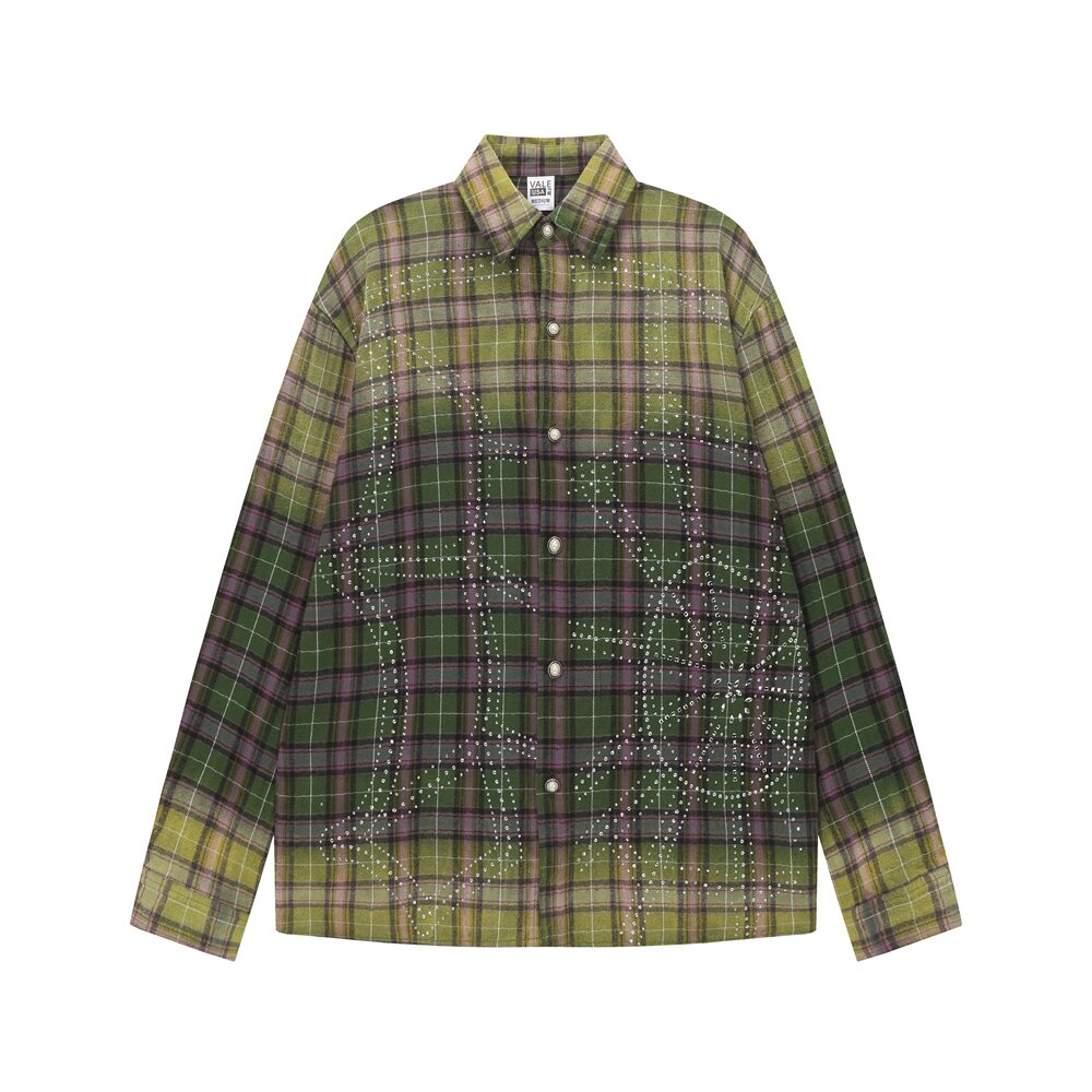 Gradient Green Plaid Rhinestone Butterfly Long Sleeve Shirt