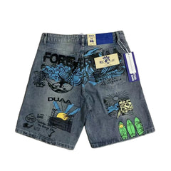 Duaa Vintage Graffiti Print Distressed Denim Jort Shorts