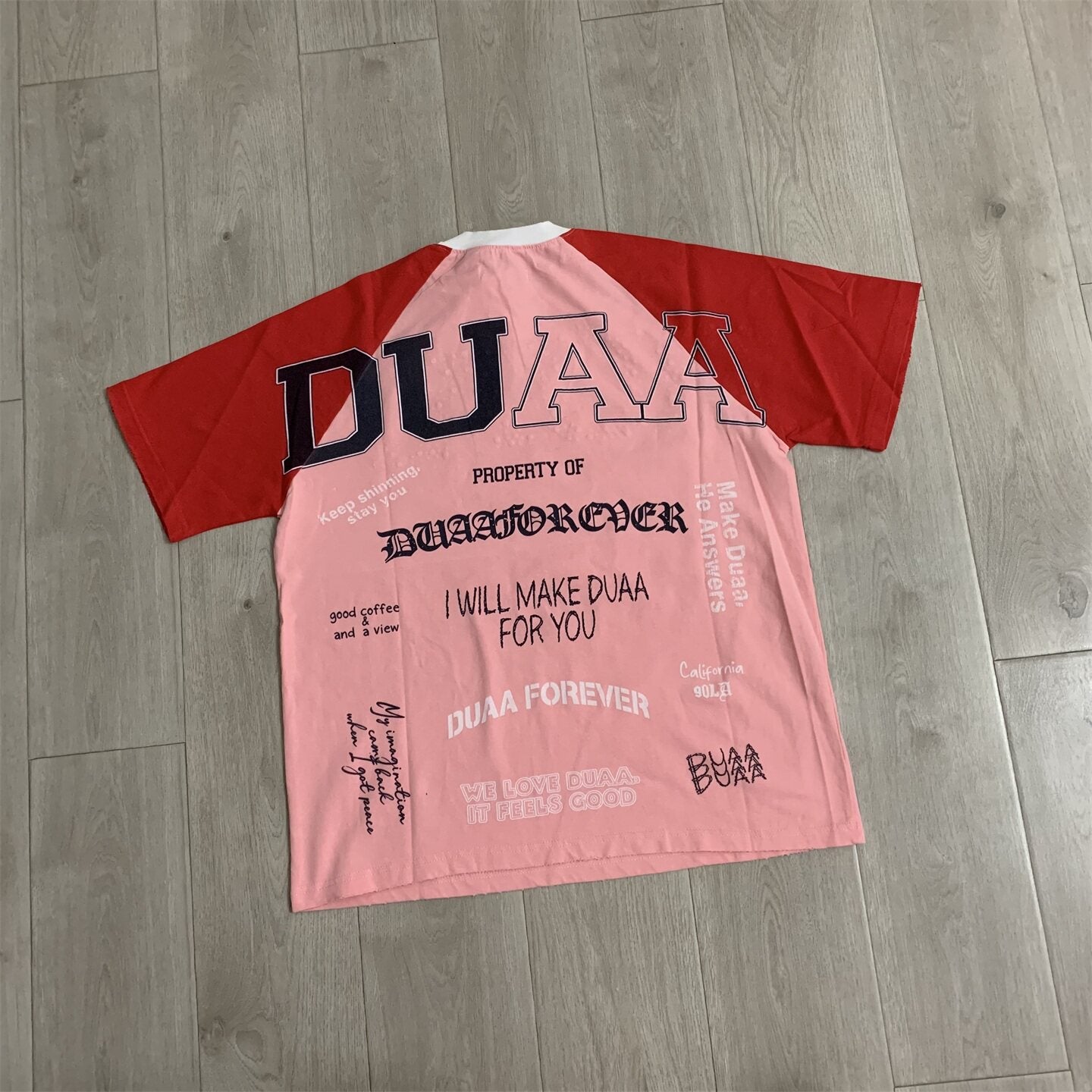 Duaa Forever Pink Red Color Block Text Print Raglan T-shirt