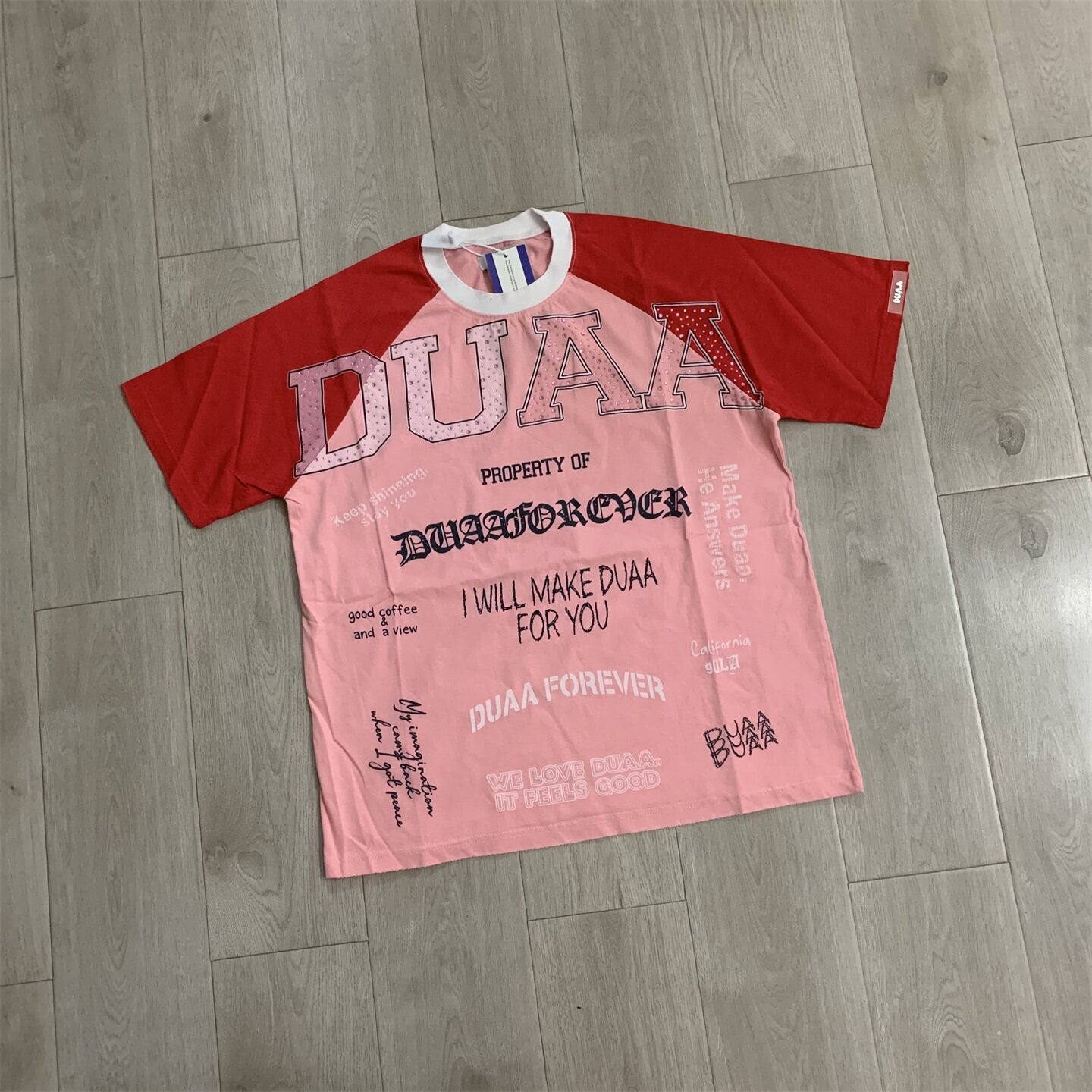 Duaa Forever Pink Red Color Block Text Print Raglan T-shirt