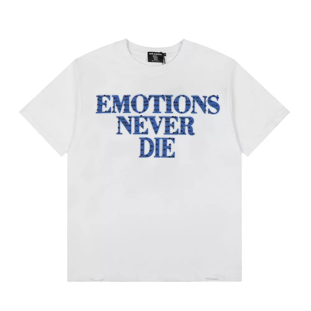 Mixed Emotion Emotions Never Die Rhinestone Tee, Blue Letter