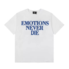 Mixed Emotion Emotions Never Die Rhinestone Tee, Blue Letter