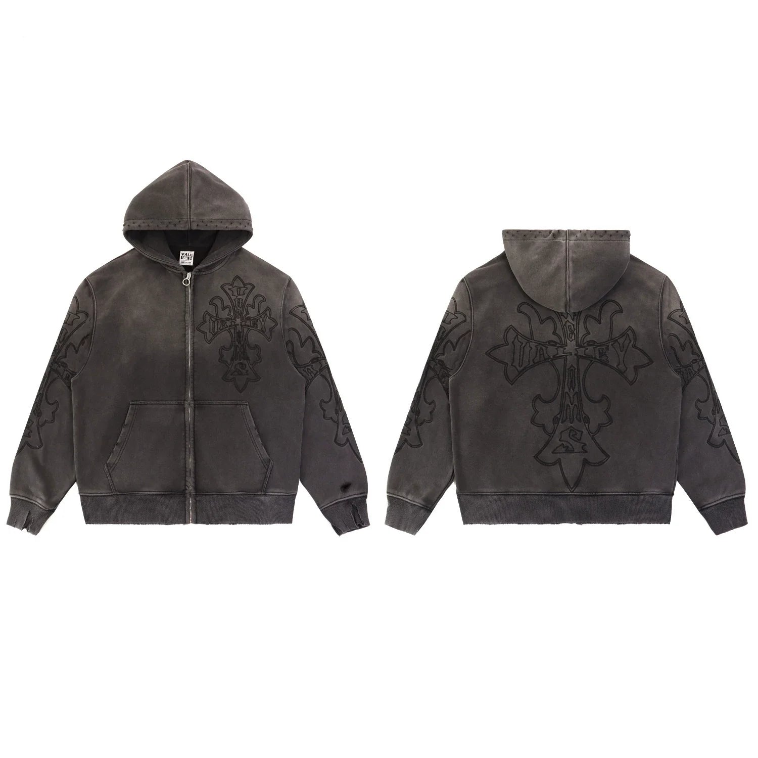 Vale Forever Washed Black Embroidered Cross Full Zip Hoodie