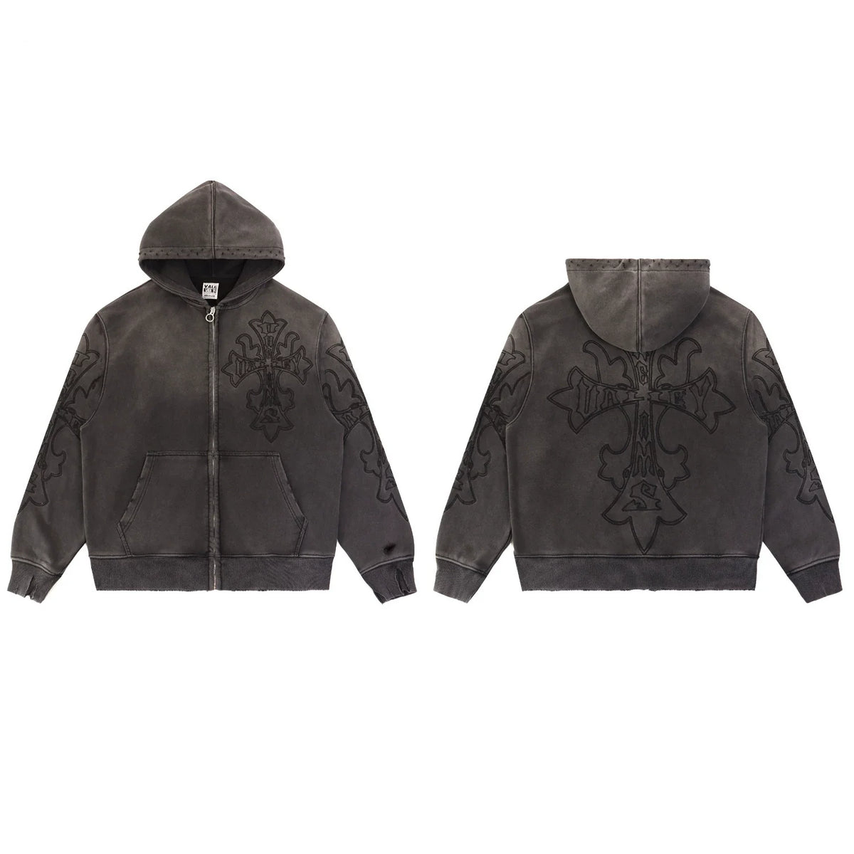 Vale Forever Washed Black Embroidered Cross Full Zip Hoodie