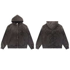 Vale Forever Washed Black Embroidered Cross Full Zip Hoodie