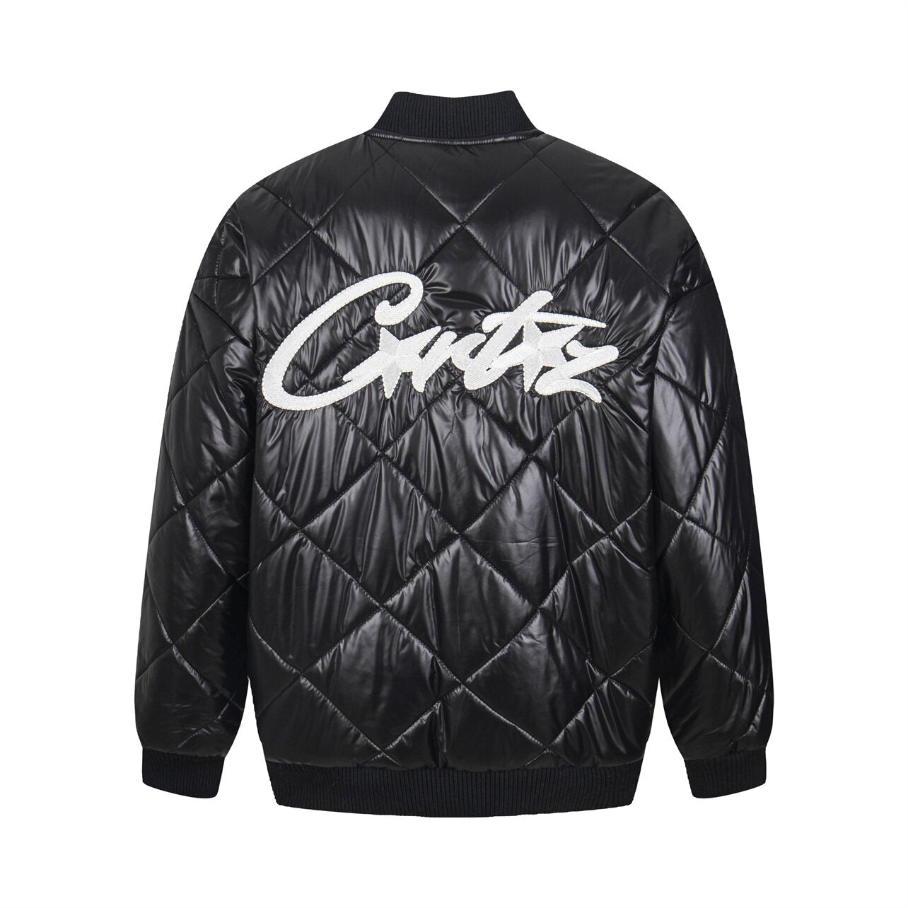 Corteiz Script Logo Black Quilted Bomber Jacket