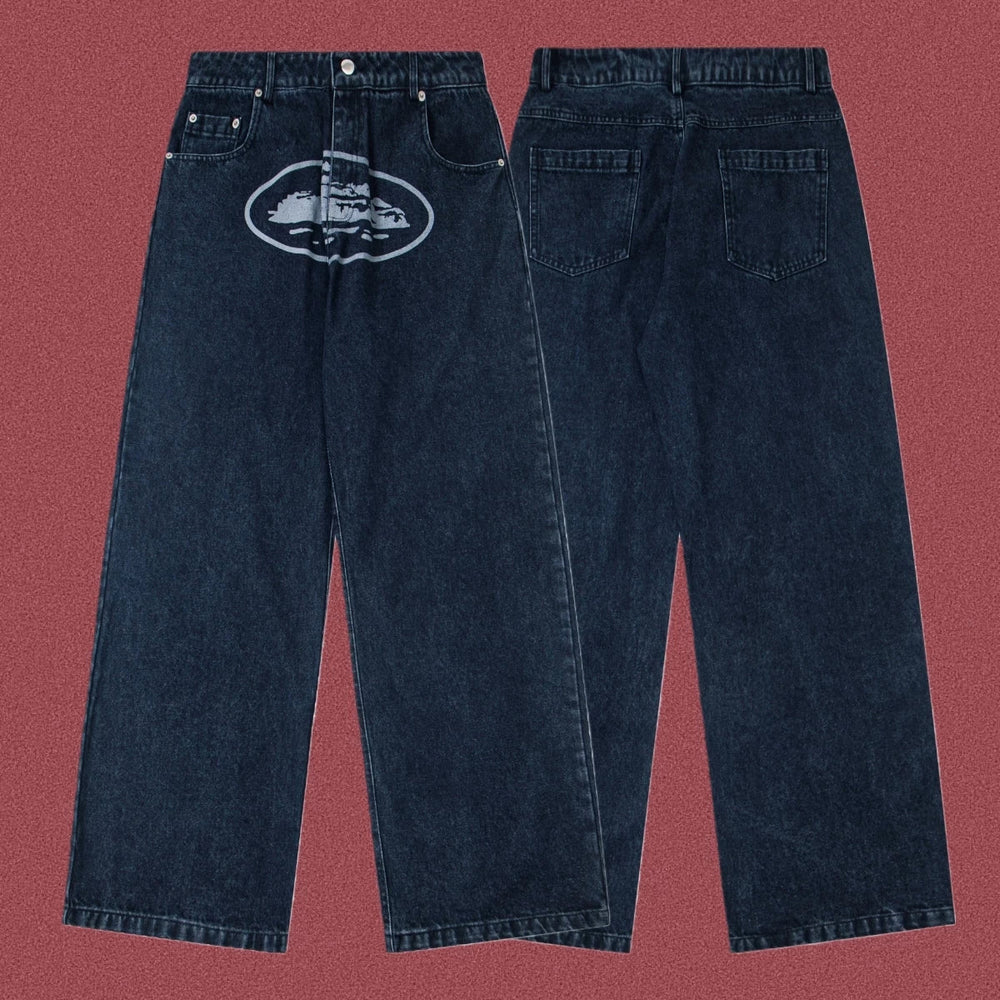 Corteiz Guerillaz Island Print Baggy Denim Jeans Washed Black