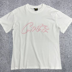 Pink Accent Star-Logo Graphic Tee - White & Pink Streetwear T-Shirt
