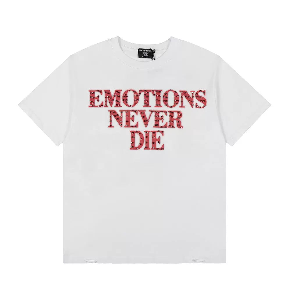 Mixed Emotion Emotions Never Die Rhinestone Tee, Red Letter