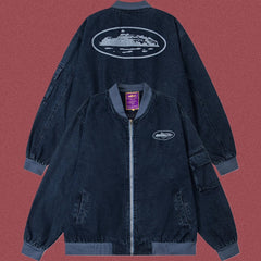 Corteiz Guerillaz Island Denim Bomber Jacket Washed Black