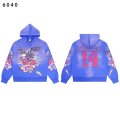 Vale Forever Blue Vintage Eagle Tattoo Graphic Full Zip Hoodie
