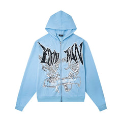 Mixed Emotion Light Blue Gothic Graphic Zip Up Hoodie