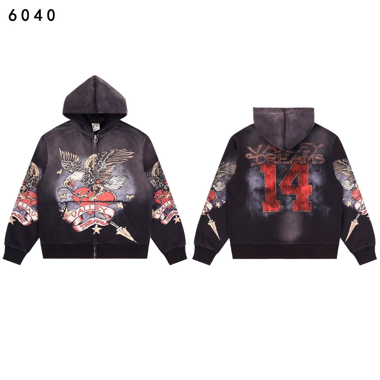 Vale Forever Black Vintage Eagle Tattoo Graphic Full Zip Hoodie
