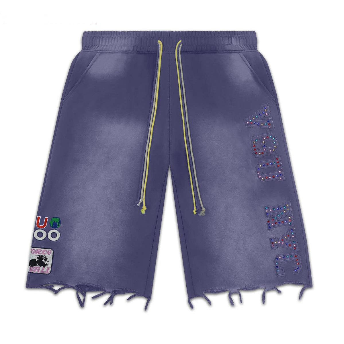 Vale Forever Distressed Frayed Hem Washed Purple Graphic Sweat Shorts