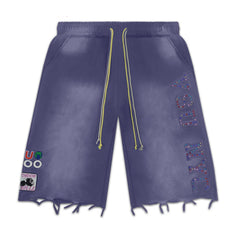 Vale Forever Distressed Frayed Hem Washed Purple Graphic Sweat Shorts