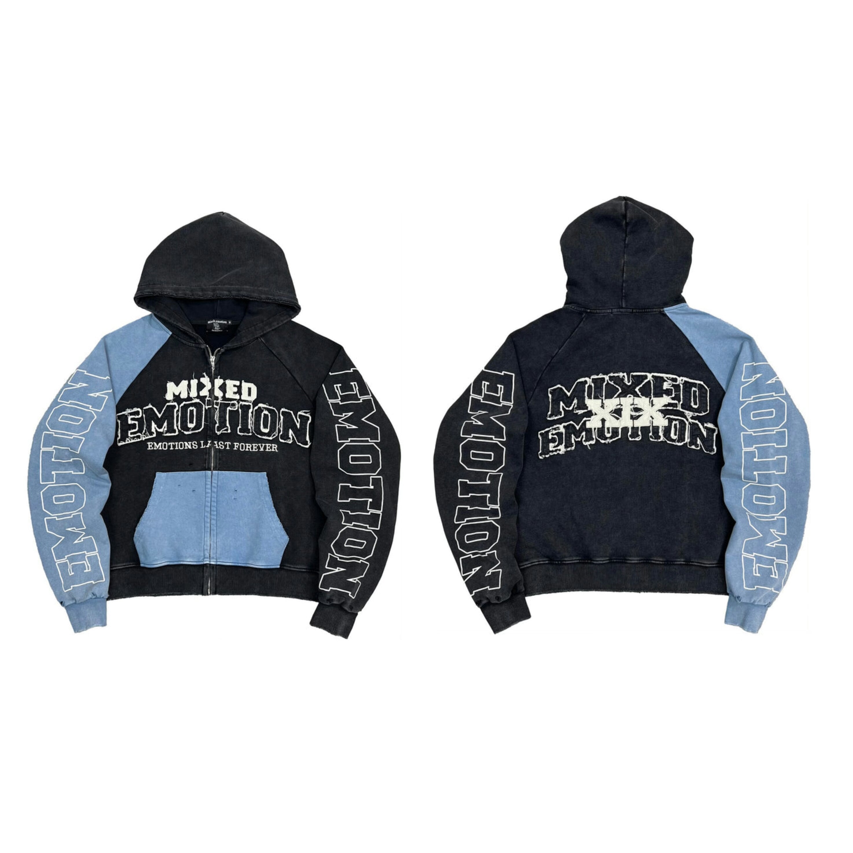 Mixed Emotion Black Blue Color Block Zip Up Hoodie