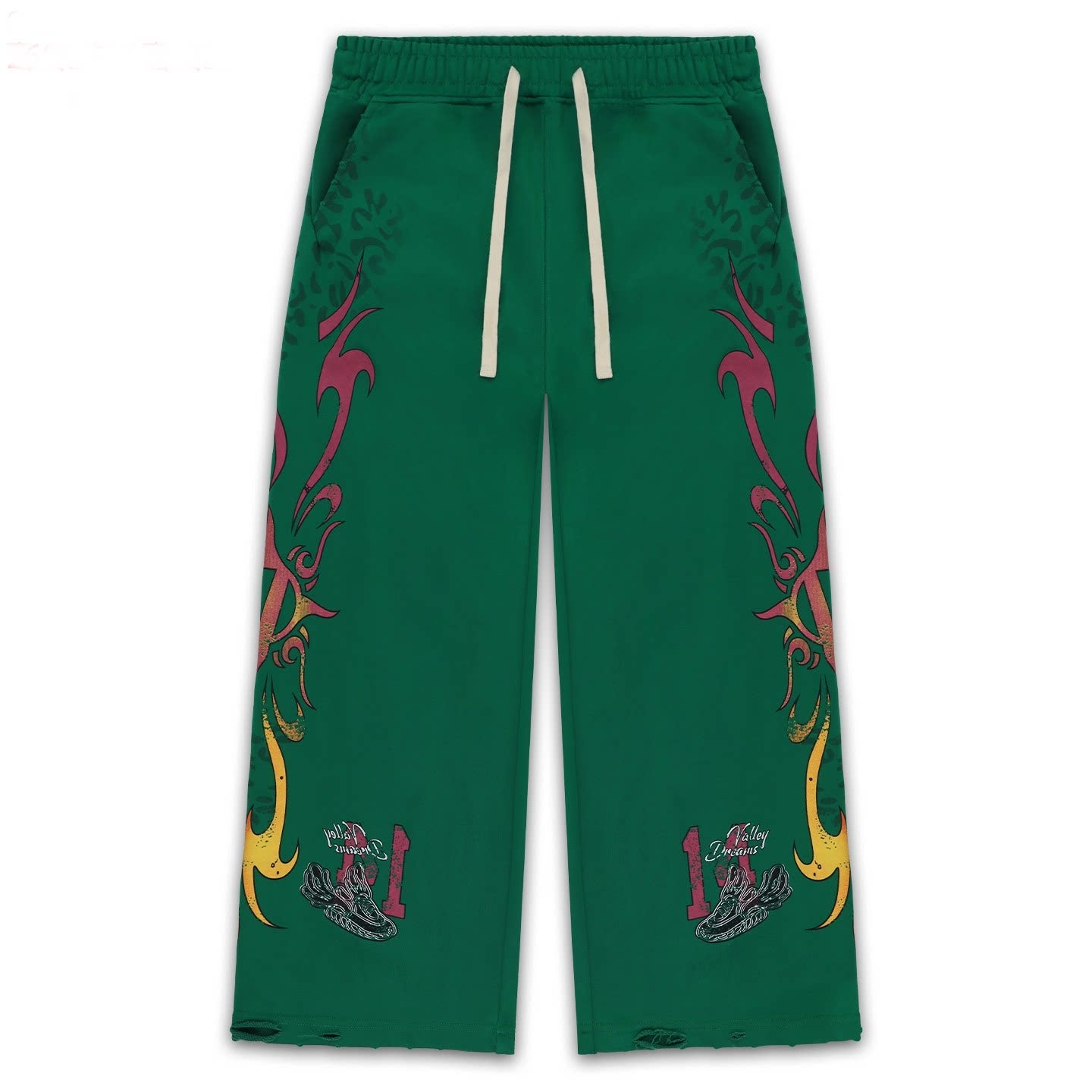 Vale Forever Green Tribal Graphic Distressed Wide Leg Sweatpants