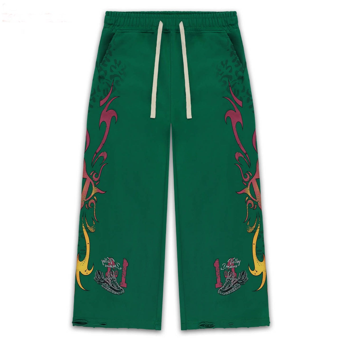 Vale Forever Green Tribal Graphic Distressed Wide Leg Sweatpants