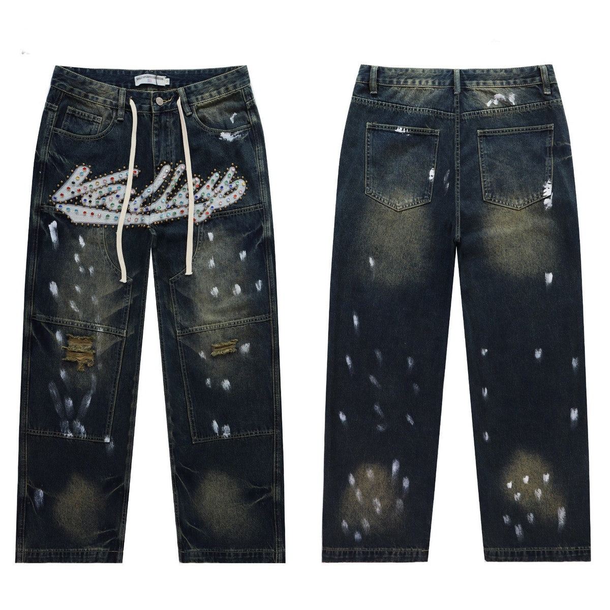 Vale Forever Blue Washed Rhinestone Logo Splatter Wide Leg Jeans