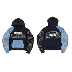 Mixed Emotion Black Blue Color Block Zip Up Hoodie