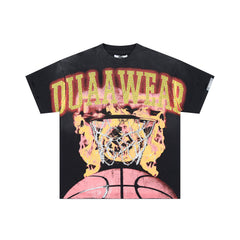 DUAA WEAR FLAMING BASKETBALL RHINESTONE DISTRESSED T‑SHIRT