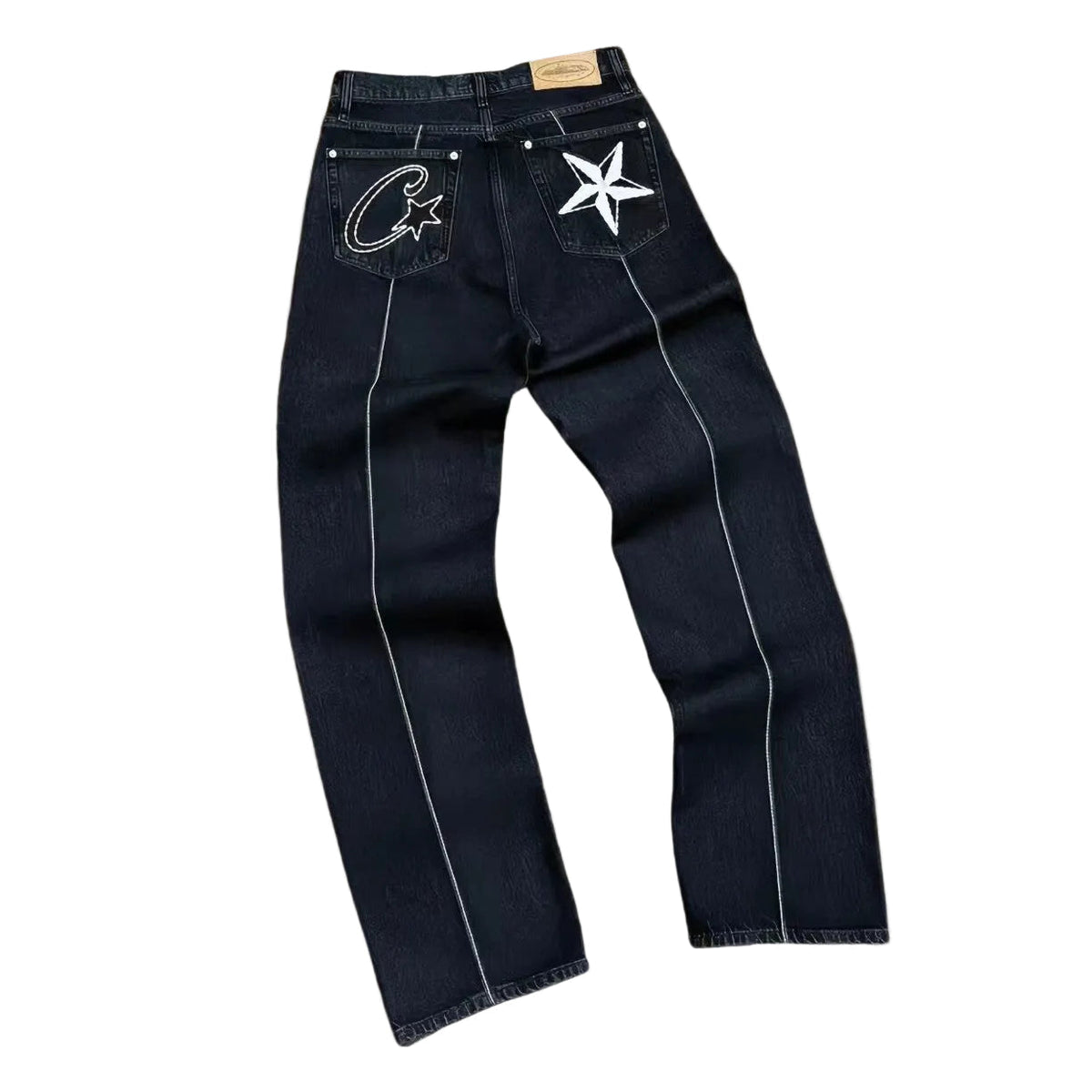 Corteiz C‑Star Embroidered Black Contrast Stitch Wide Leg Jeans