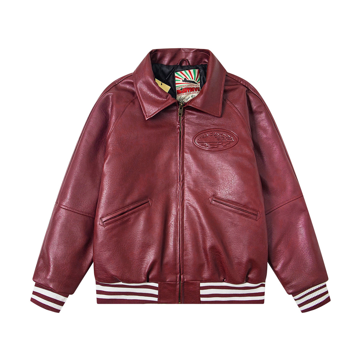 Corteiz Embossed Logo Burgundy Leather Varsity Jacket