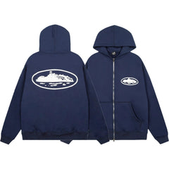 Corteiz Oval Island Logo Full‑Zip Navy Hooded Jacket